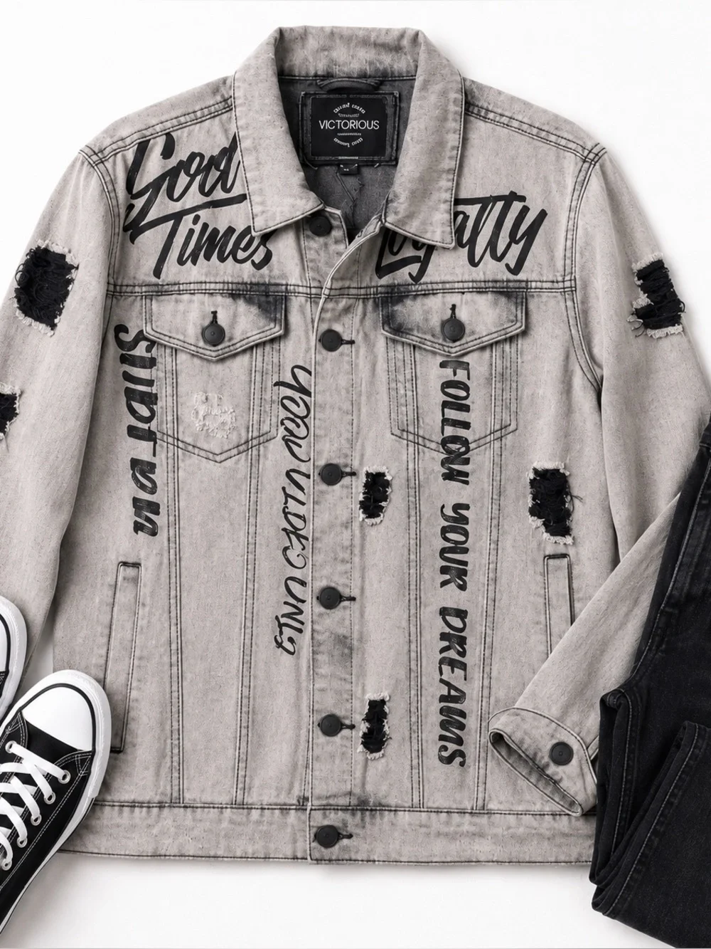 Victorious Gray Distressed Graphic Denim Jacket NWT Men’s Medium